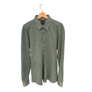 Hugo Boss Slim Fit Mens Green Button-Down Shirt W/ Micro Dot Pattern Long-Sleeve
